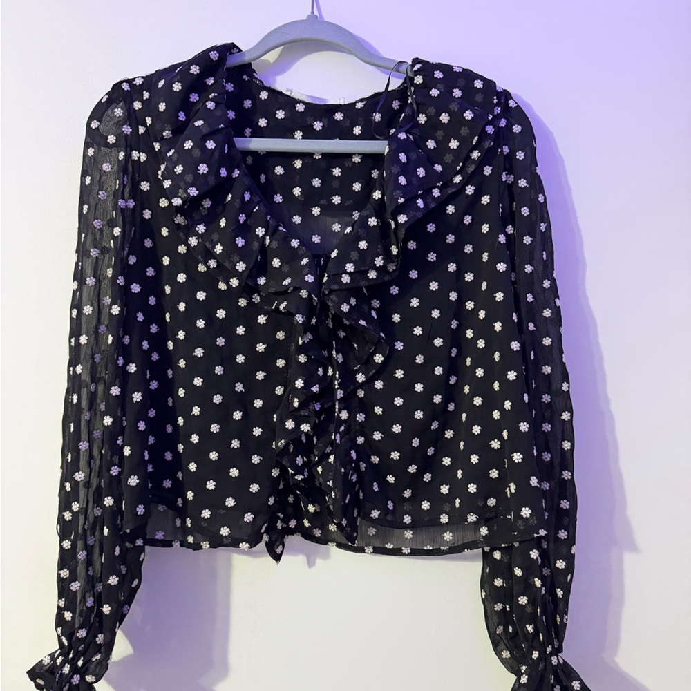 Floral Ruffle Crop Sheer Black Blouse